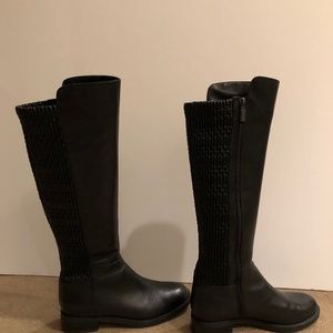 Black Leather Knee High Boots - Smooth Front, Textured, Expandable back